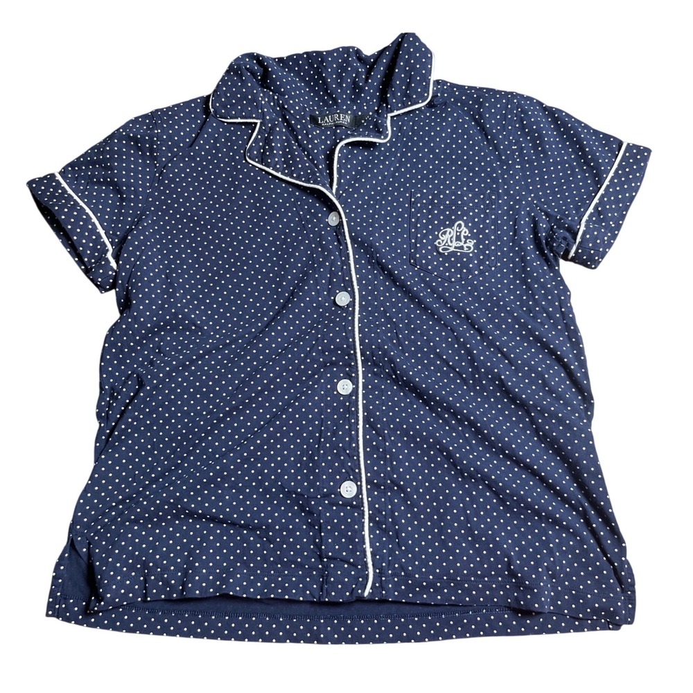 Lauren Ralph Lauren Navy Polka Dot Cotton Pajama Top Short Sleeve Size Medium